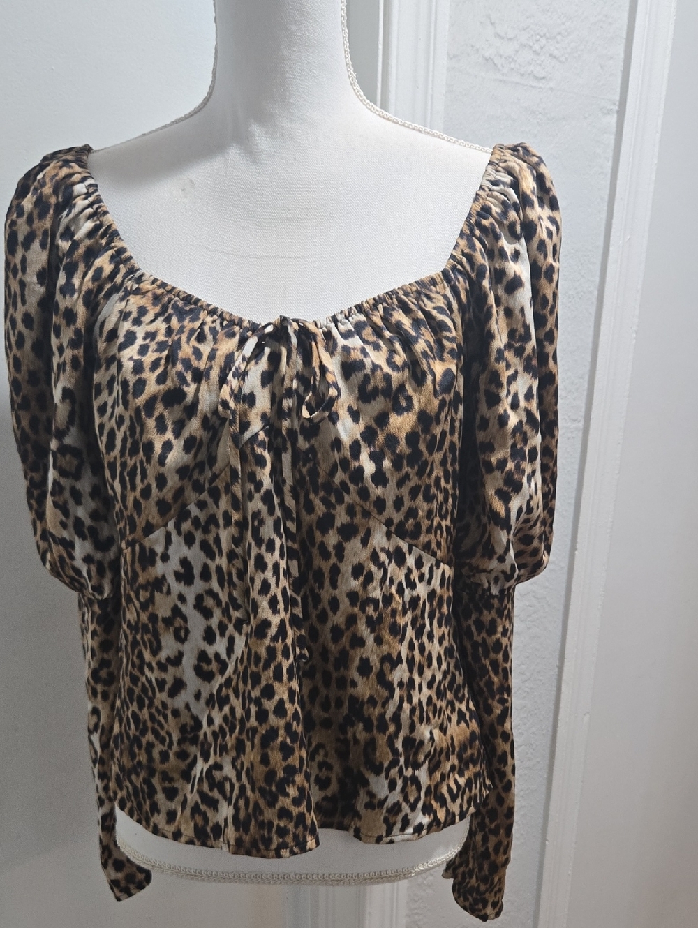 Express Leopard Print Peasant Blouse - Tan, Black